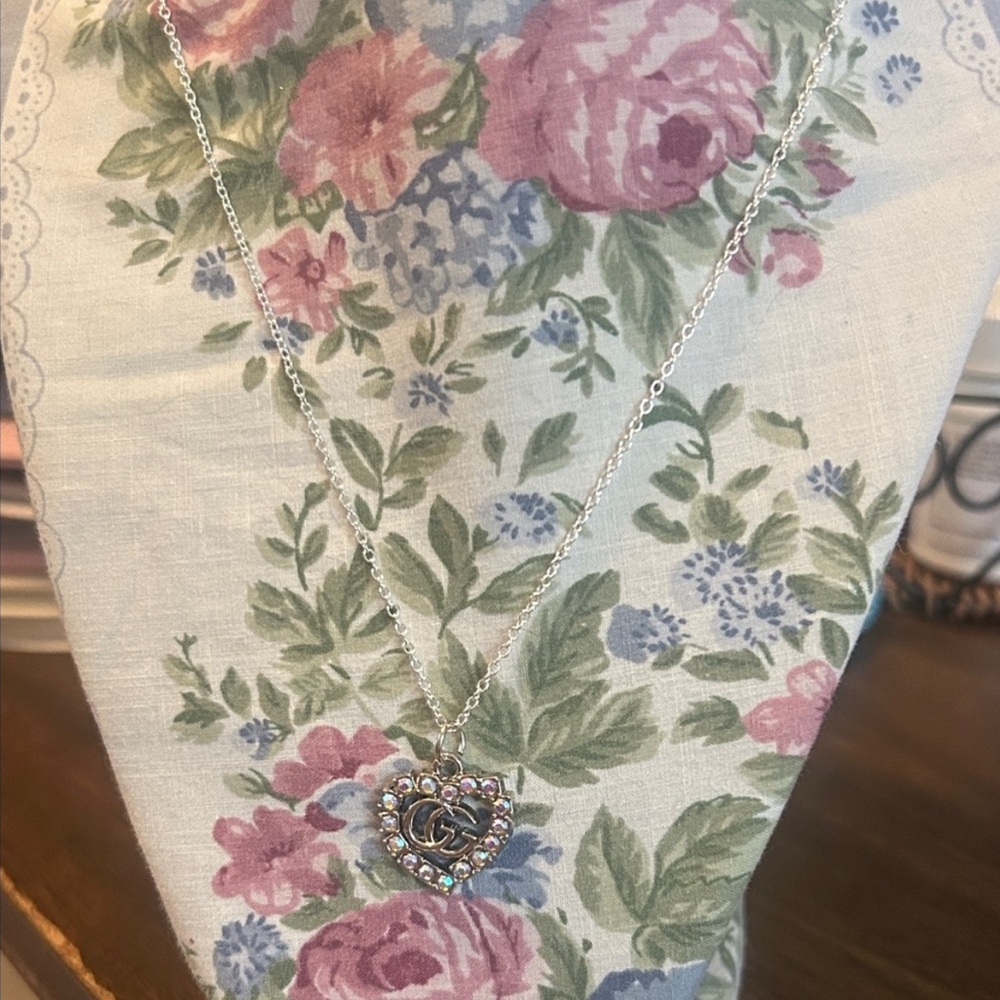 Gucci Silver Heart Necklace with Pink and Purple Accents